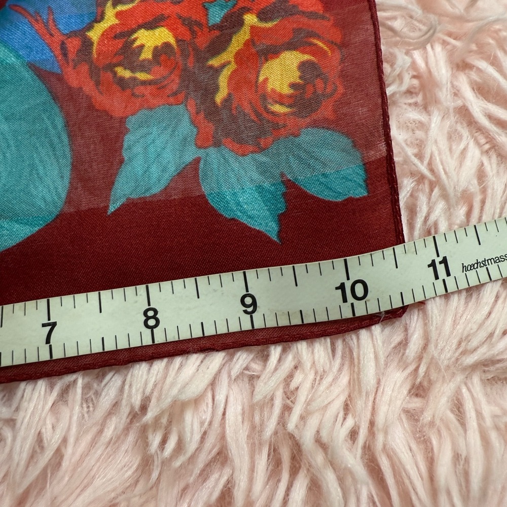 Designer Floral Silk Scarf Red Teal Roses Ribbon Accent - Picture 3 of 5